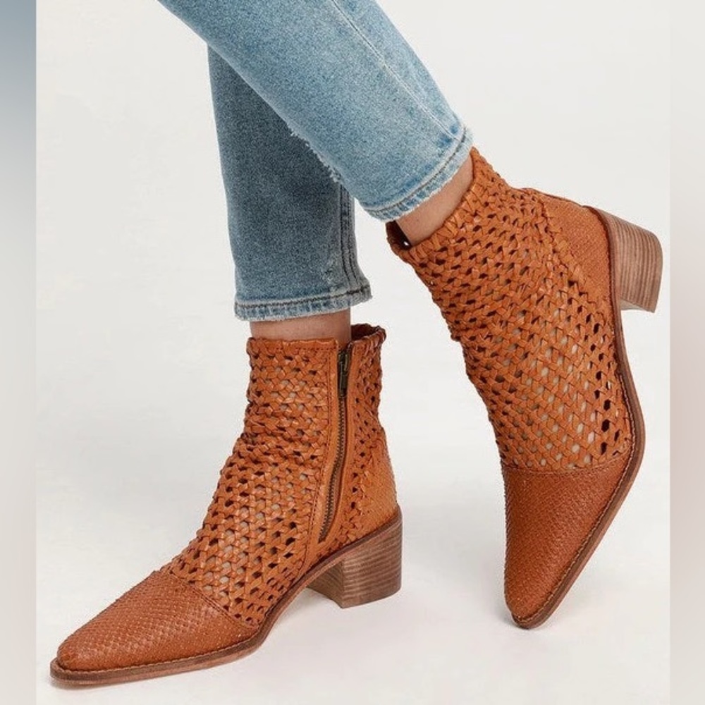 NIB Free People In The Loop Brown Leather Woven Ankle Boots